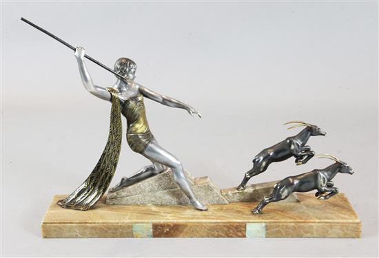 J. Dauvergne. A French Art Deco bronzed spelter group of a spear woman hunting antelopes, width 33in.